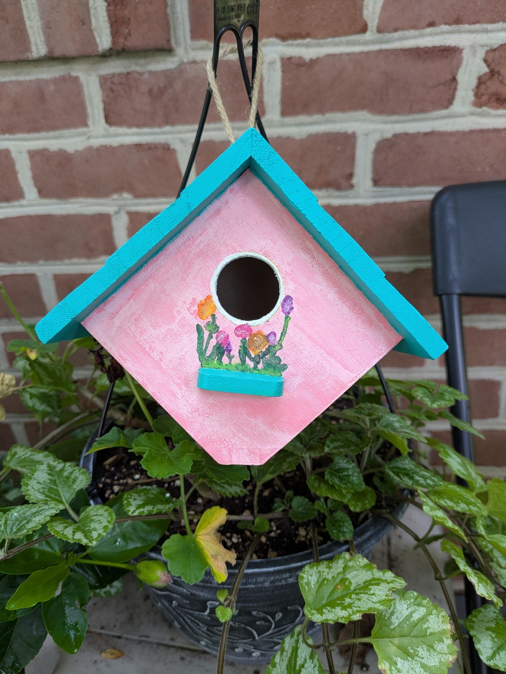 Hand-Painted Pink and Teal Birdhouse - Decorative Outdoor Nesting Box